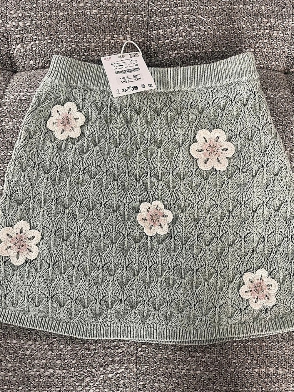 Zara Beaded Floral Knit Skirt Green & Pink Girls 9-10